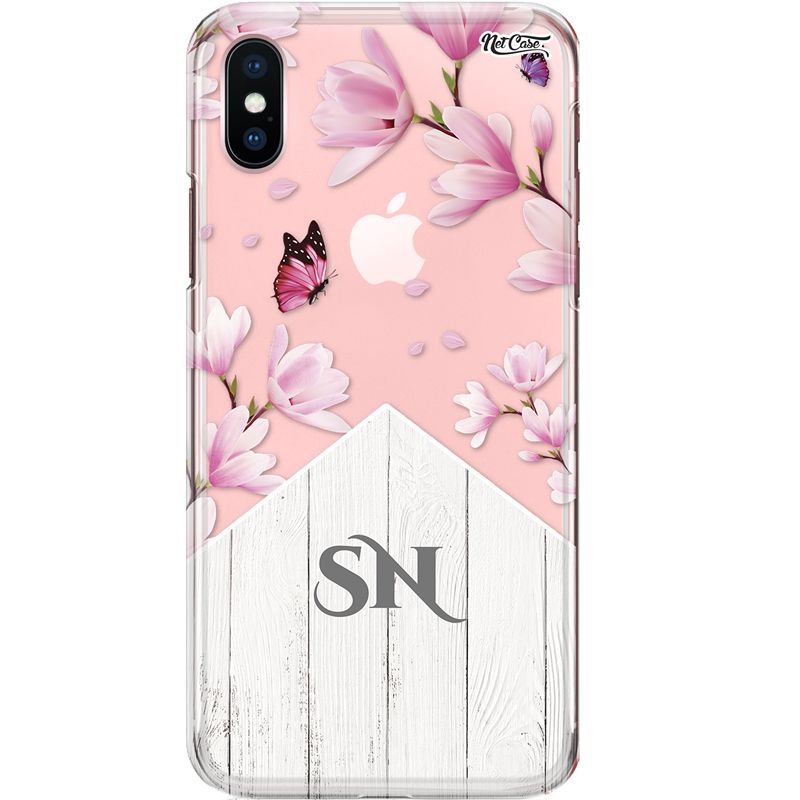 Capa Silicone NetCase Transparente Madeira Sobr. e Nome Flores e Borboletas