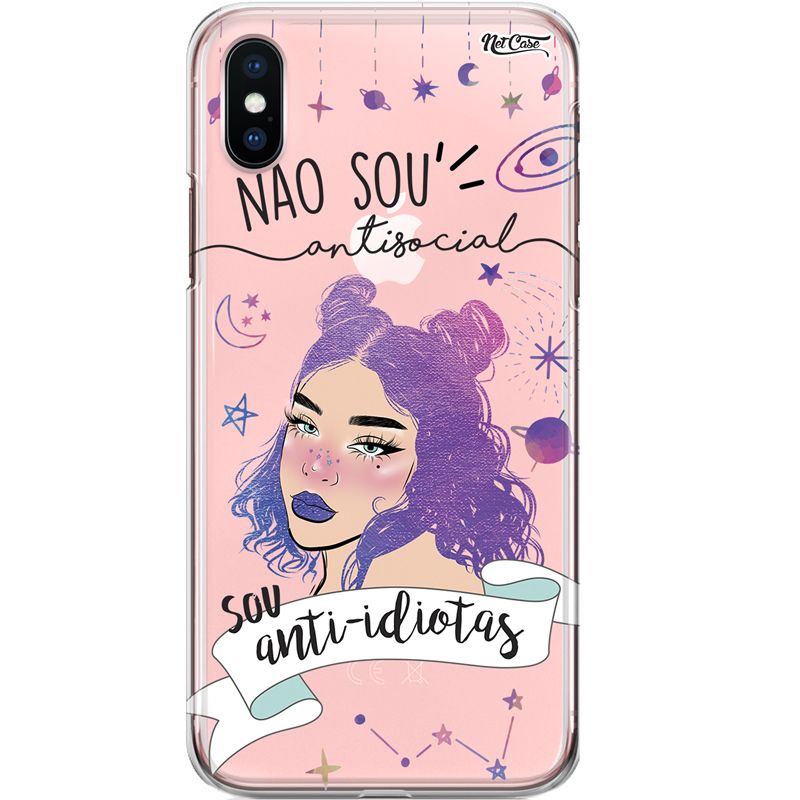 Capa Silicone NetCase Transparente Não Sou Antisocial, Sou Anti-Idiotas