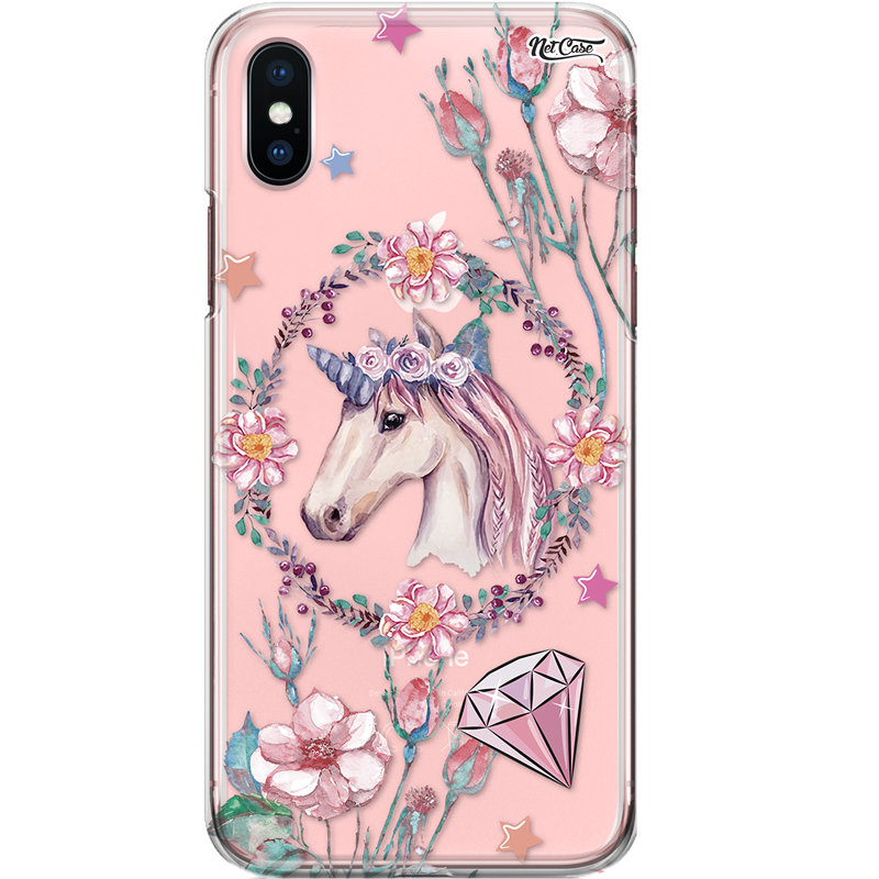 Capa Silicone NetCase Transparente Unicórnio Coroa de Flores