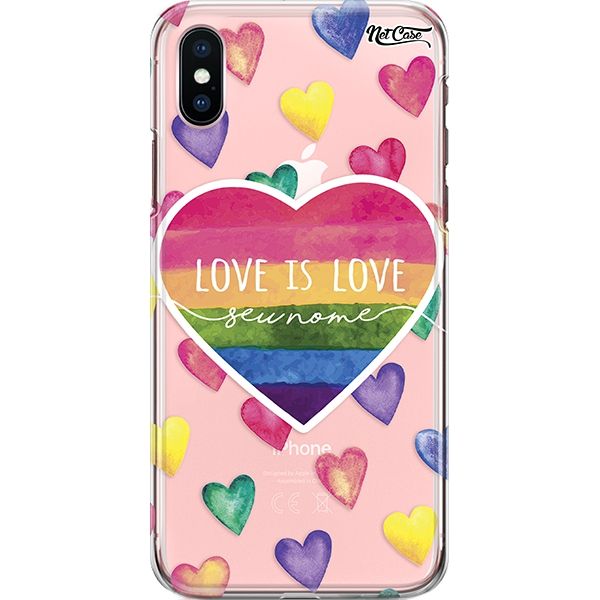 Capa Silicone NetCase Transparente Nome Rainbow Heart Love is Love