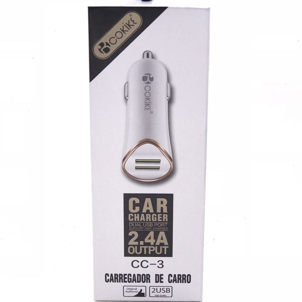 Kit Carregador Veicular Cokike Dual Usb + Cabo Usb Lightning - CC-3 - Preto com Prata