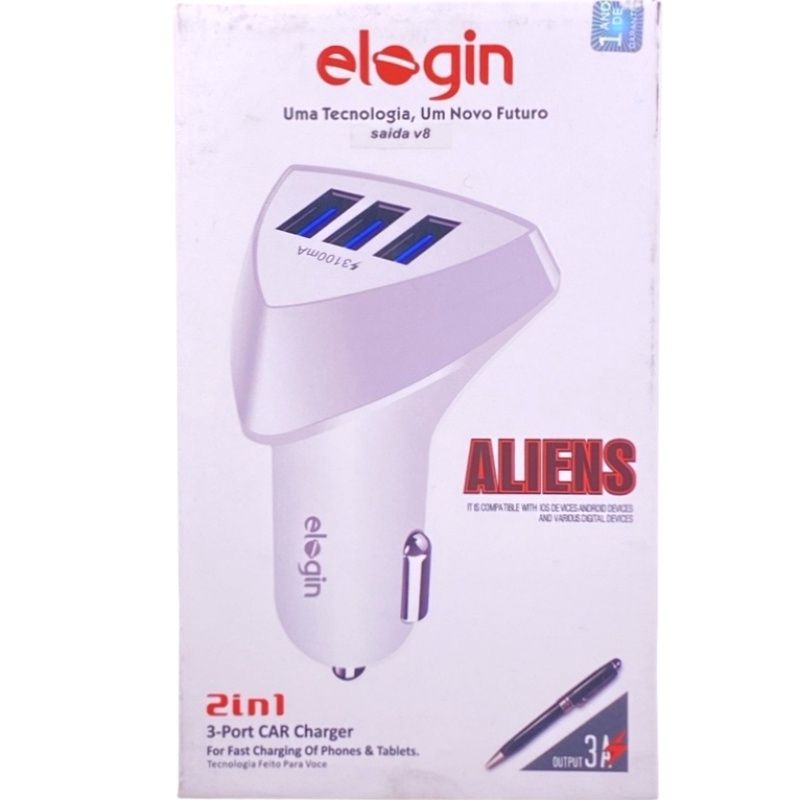 Kit Carregador Veicular 3 Usb Aliens Elogin RC-62 + Cabo Usb Micro Usb/V8 