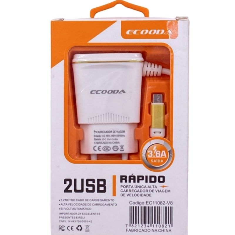 Carregador de Parede Usb Dual Ecooda EC11082 - Micro Usb/V8 - Dourado