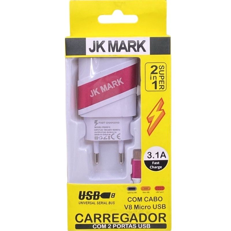 Carregador de Parede Usb Dual JK Mark - Micro Usb/V8 - Branco c/ Pink