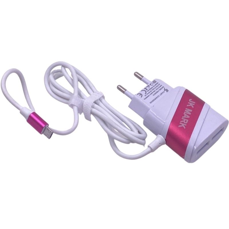 Carregador de Parede Usb Dual JK Mark - Micro Usb/V8 - Branco c/ Pink