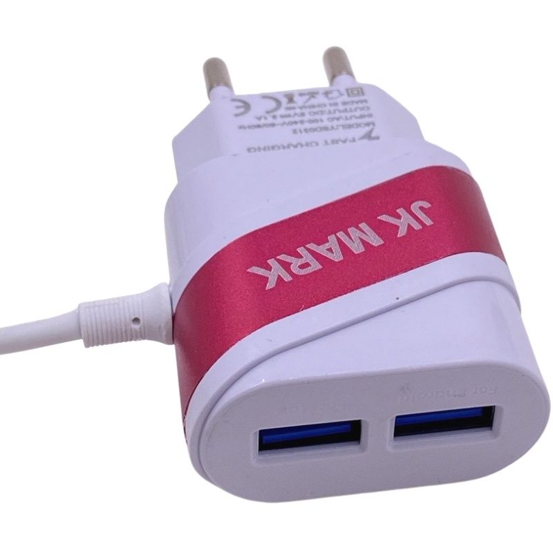 Carregador de Parede Usb Dual JK Mark - Micro Usb/V8 - Branco c/ Pink