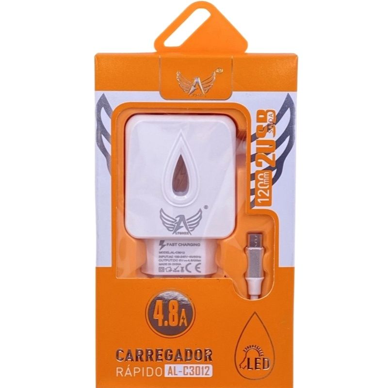 Kit Carregador de Parede Universal Dual Altomex Led AL-C3012 + Cabo Micro Usb/V8 - Prata